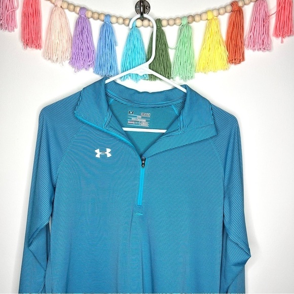 Under Armour Blue Stripe Pullover 1/4 Zip Long Sleeve Loose Coupe Athletic Top - Picture 2 of 12